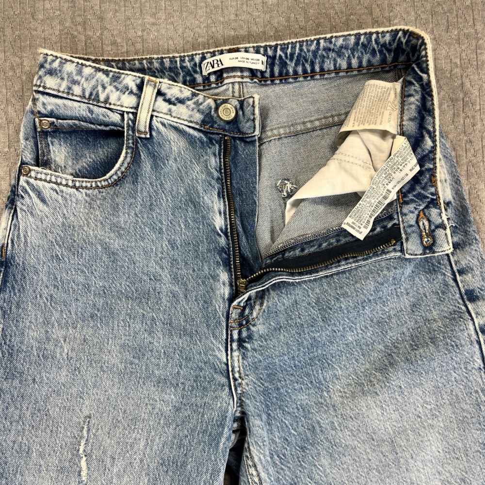 Bootcut ZARA High Rise Flare Jeans Women 25X34 Distressed Split Hem light wash - Picture 10 of 10